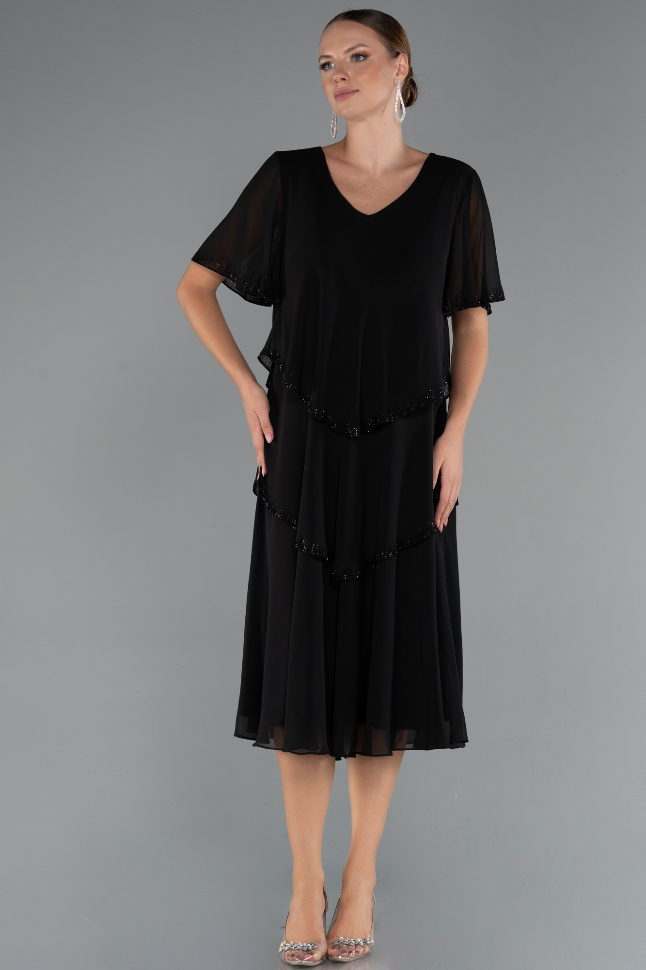 Mor Kısa Kol V Yaka Katlı Midi Şifon Büyük Beden Abiye ABK2426 - Görsel 5