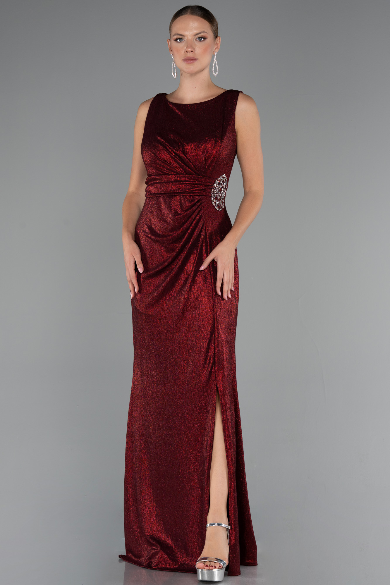 Lacivert Kolsuz Yırtmaçlı Uzun Simli Büyük Beden Abiye ABU5231 - Görsel 5