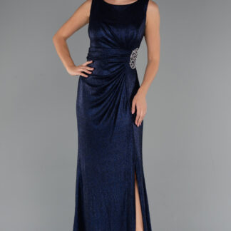 Lacivert Kolsuz Yırtmaçlı Uzun Simli Büyük Beden Abiye ABU5231