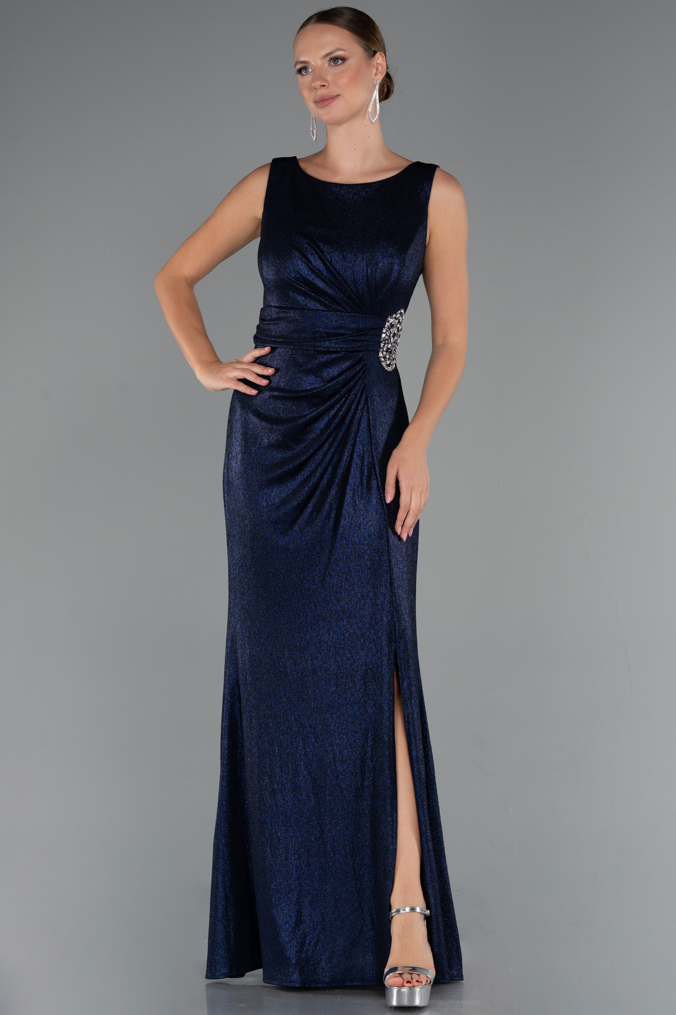 Lacivert Kolsuz Yırtmaçlı Uzun Simli Büyük Beden Abiye ABU5231