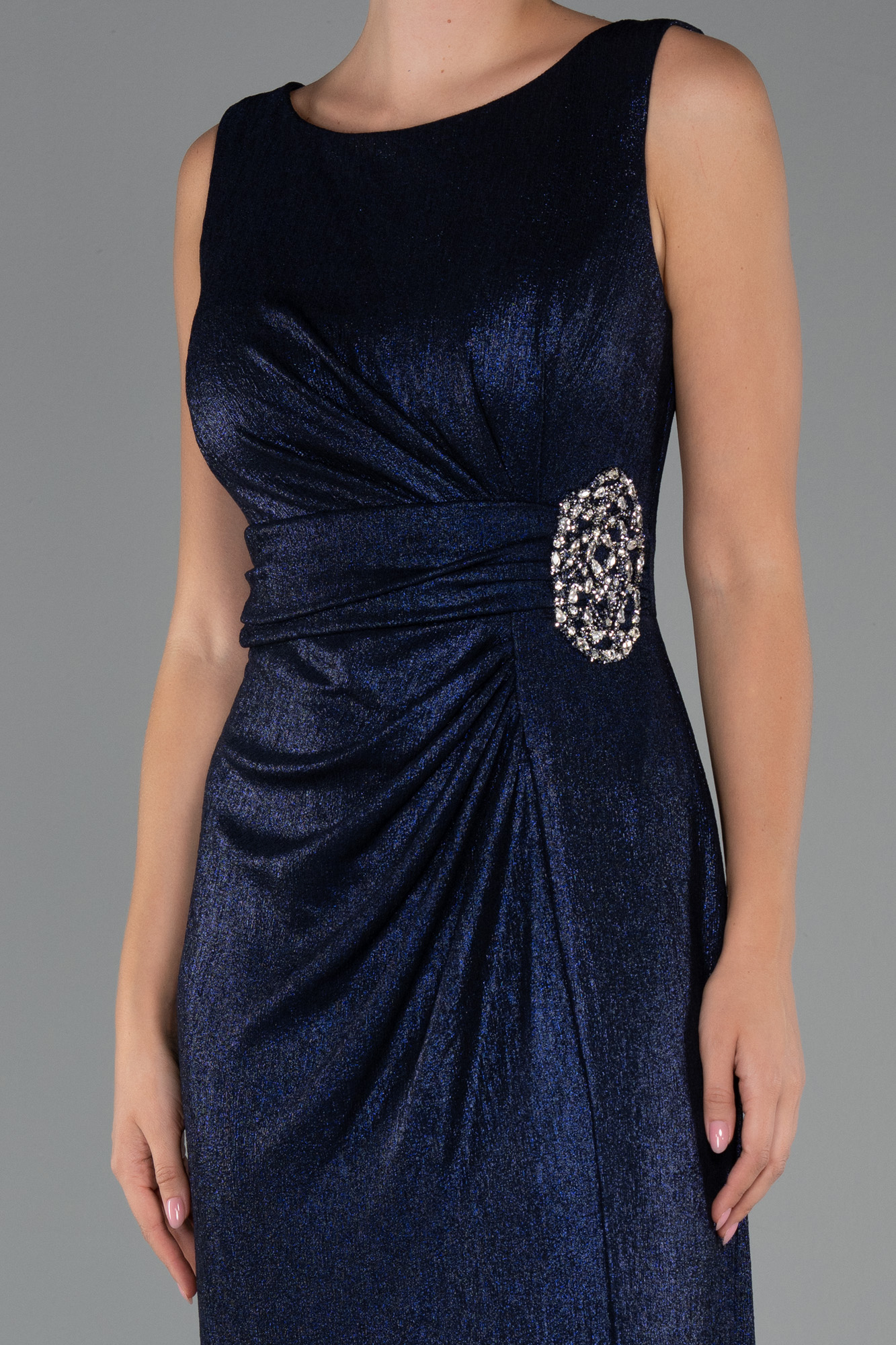 Lacivert Kolsuz Yırtmaçlı Uzun Simli Büyük Beden Abiye ABU5231 - Görsel 3