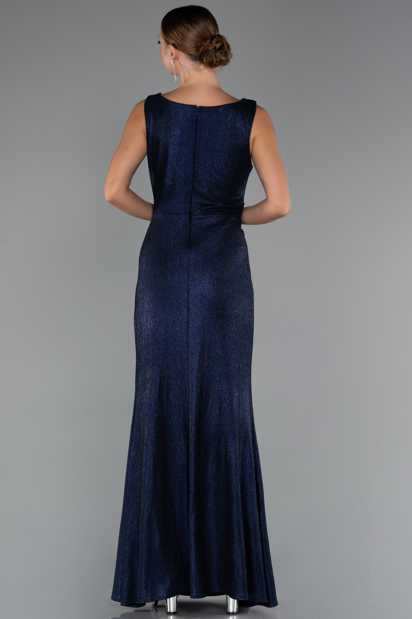 Lacivert Kolsuz Yırtmaçlı Uzun Simli Büyük Beden Abiye ABU5231 - Görsel 2