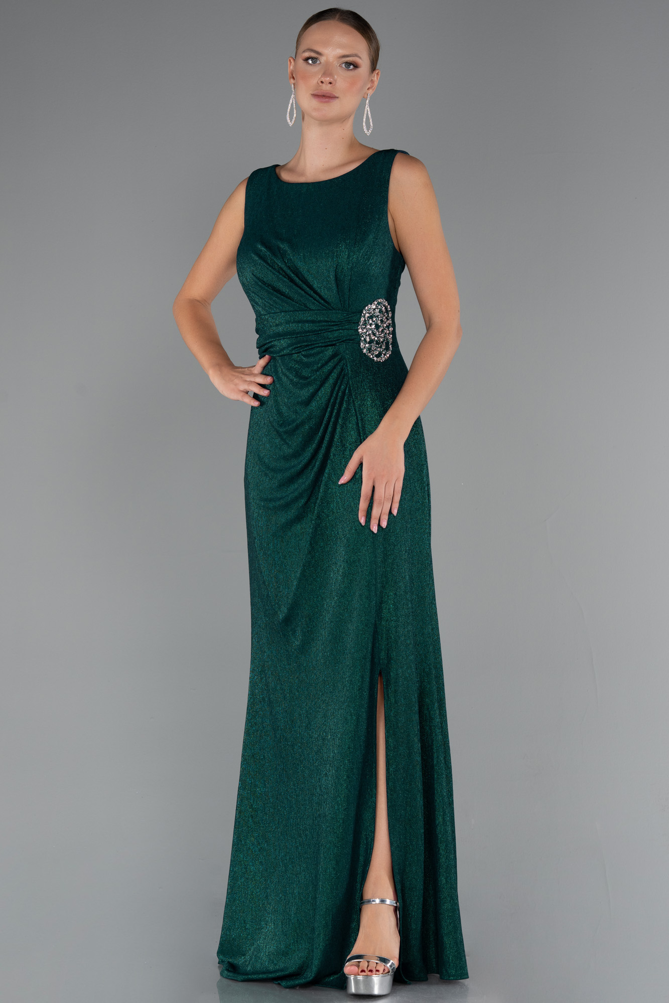 Zümrüt Yeşili Kolsuz Uzun Simli Büyük Beden Abiye ABU5231