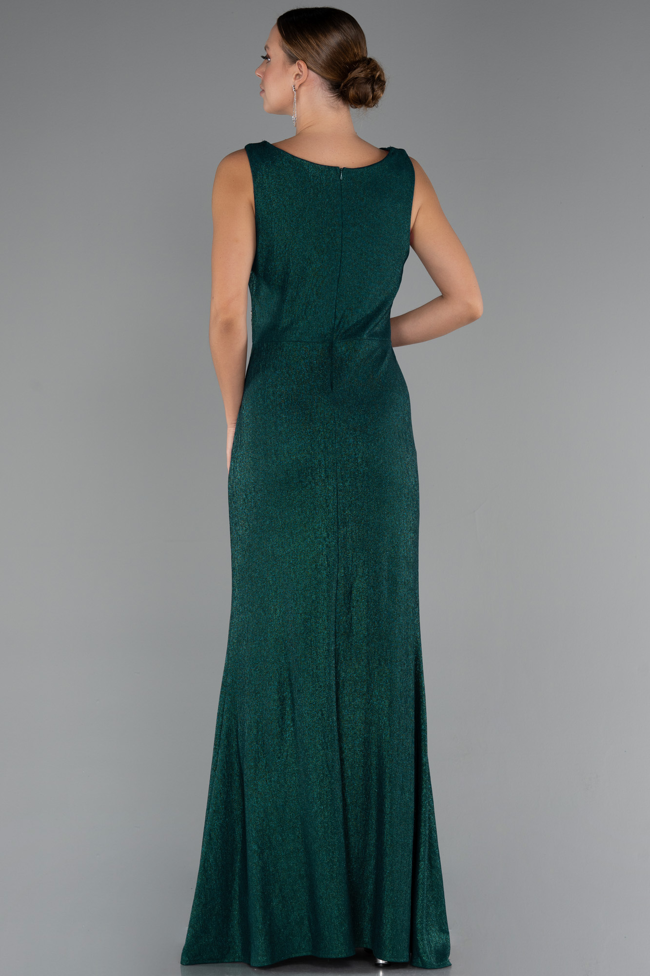 Zümrüt Yeşili Kolsuz Uzun Simli Büyük Beden Abiye ABU5231 - Görsel 2