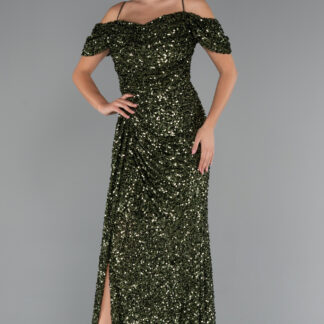 Haki  Kuyruklu Uzun Pul Payet Büyük Beden Abiye ABU5232