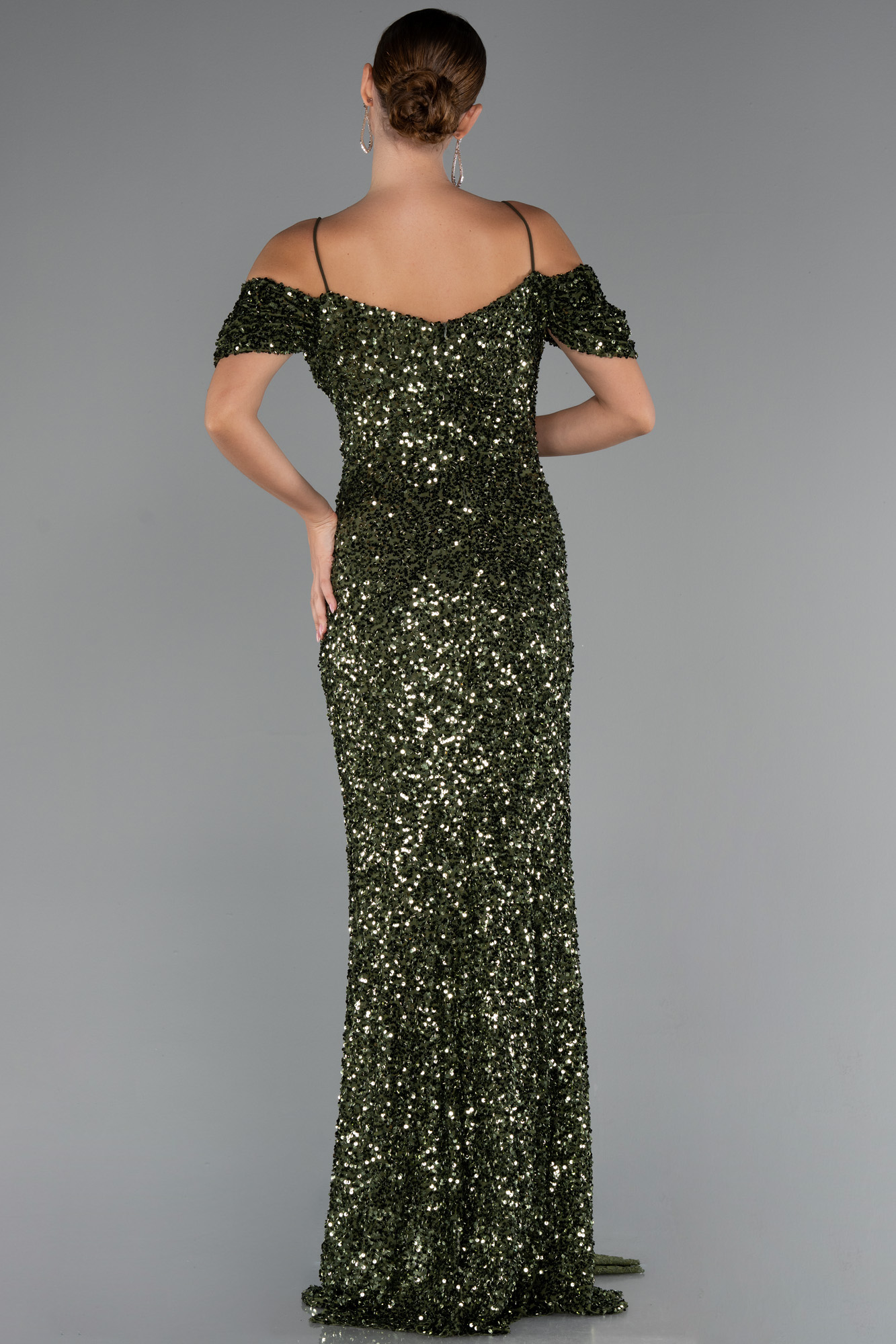 Haki Kuyruklu Uzun Pul Payet Büyük Beden Abiye ABU5232 - Görsel 2