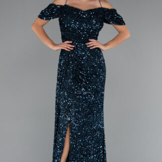 Petrol Yeşili  Kuyruklu Uzun Pul Payet Büyük Beden Abiye ABU5232