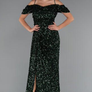 Zümrüt Yeşili Kuyruklu Uzun Pul Payet Büyük Beden Abiye ABU5232