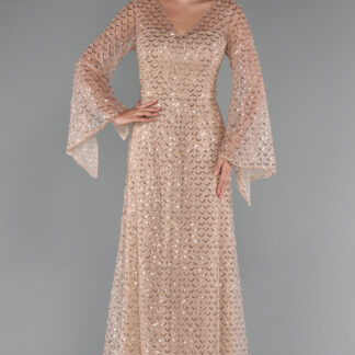 Gold Uzun Kol V Yaka Boncuklu Büyük Beden Abiye ABU5243