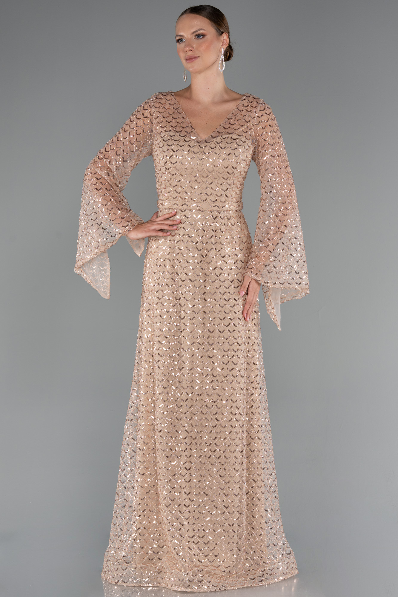 Gold Uzun Kol V Yaka Boncuklu Büyük Beden Abiye ABU5243