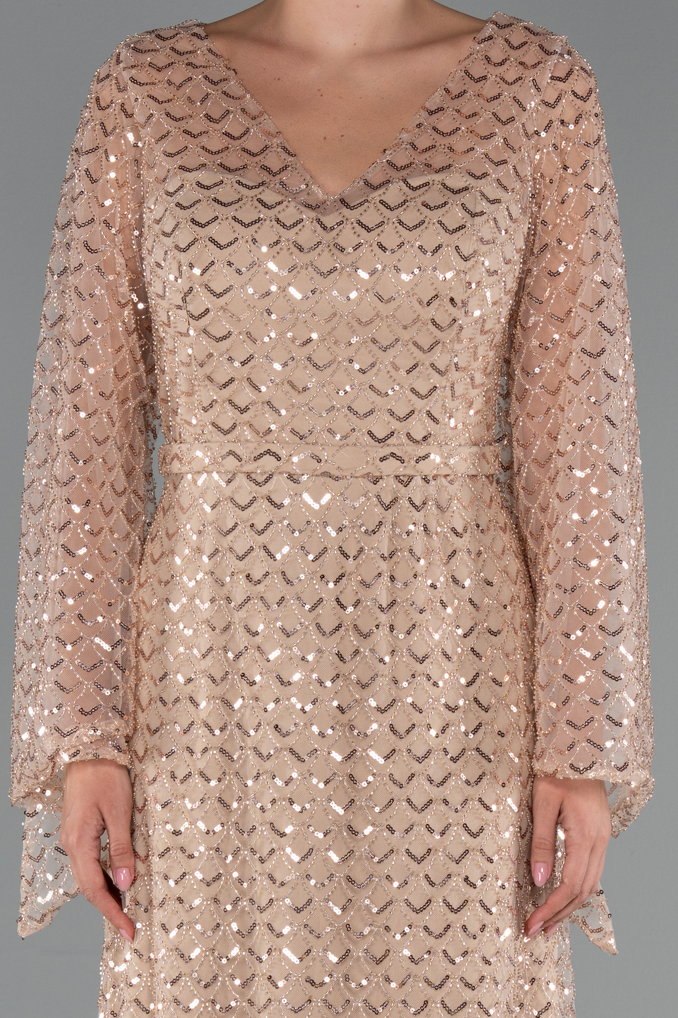 Gold Uzun Kol V Yaka Boncuklu Büyük Beden Abiye ABU5243 - Görsel 3