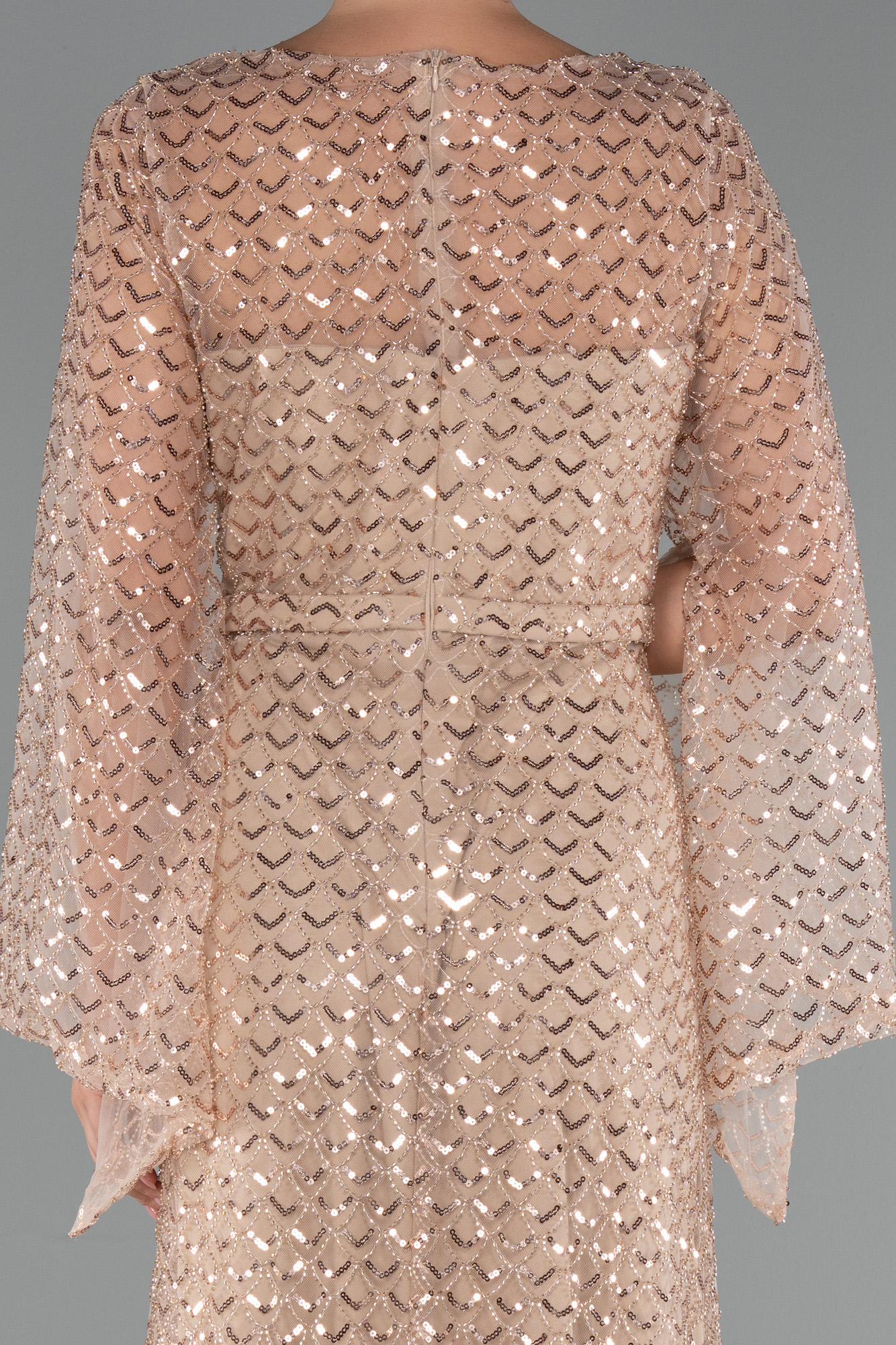 Gold Uzun Kol V Yaka Boncuklu Büyük Beden Abiye ABU5243 - Görsel 4