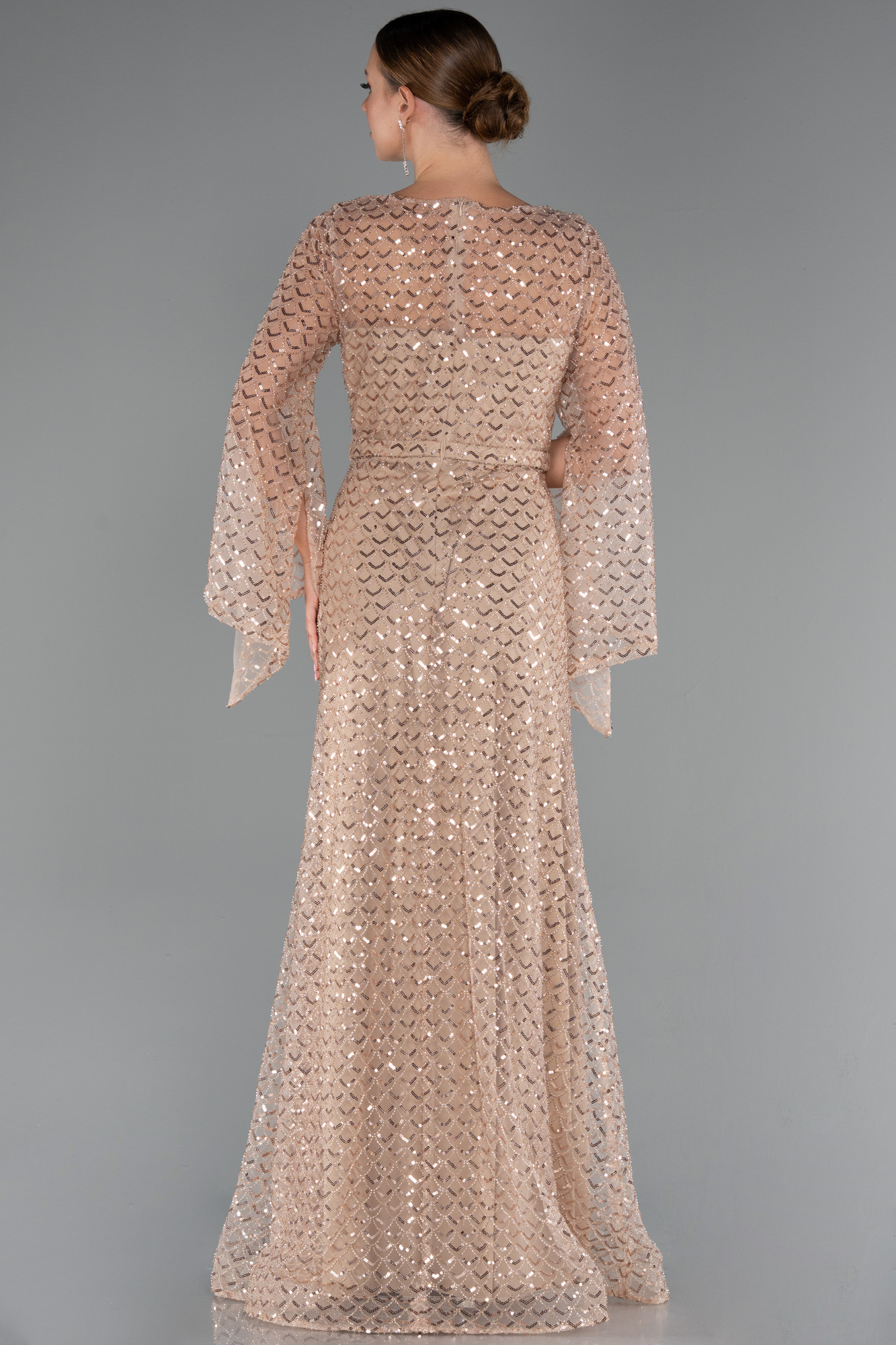 Gold Uzun Kol V Yaka Boncuklu Büyük Beden Abiye ABU5243 - Görsel 2