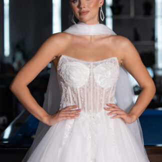 Ekru Straplez Taş İşleme Balenli Uzun Prenses Gelinlik ABG153