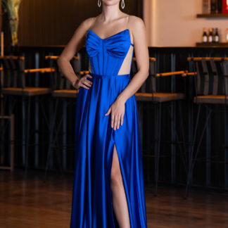 Saks Mavi Straplez Yırtmaçlı Cut Out Uzun Saten Abiye ABU5246