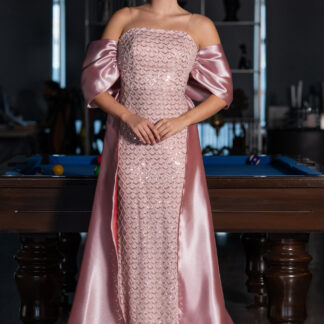 Pudra Straplez Boncuklu Saten Kuyruklu Uzun Abiye ABU5234