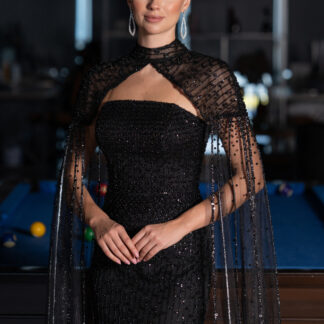 Siyah Straplez Pelerin Detaylı Uzun Boncuklu Abiye ABU5236