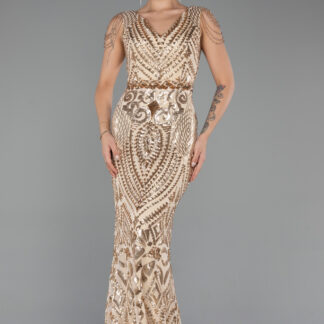 Gold V Yaka Uzun Pullu Balık Abiye ABU3842