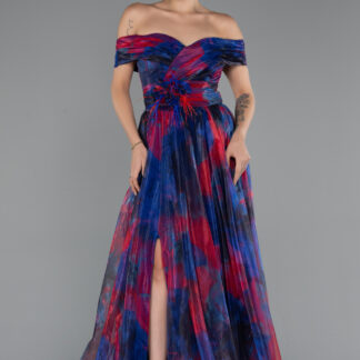 Lacivert Kayık Yaka Yırtmaçlı Uzun Empirme Abiye Elbise ABU5262