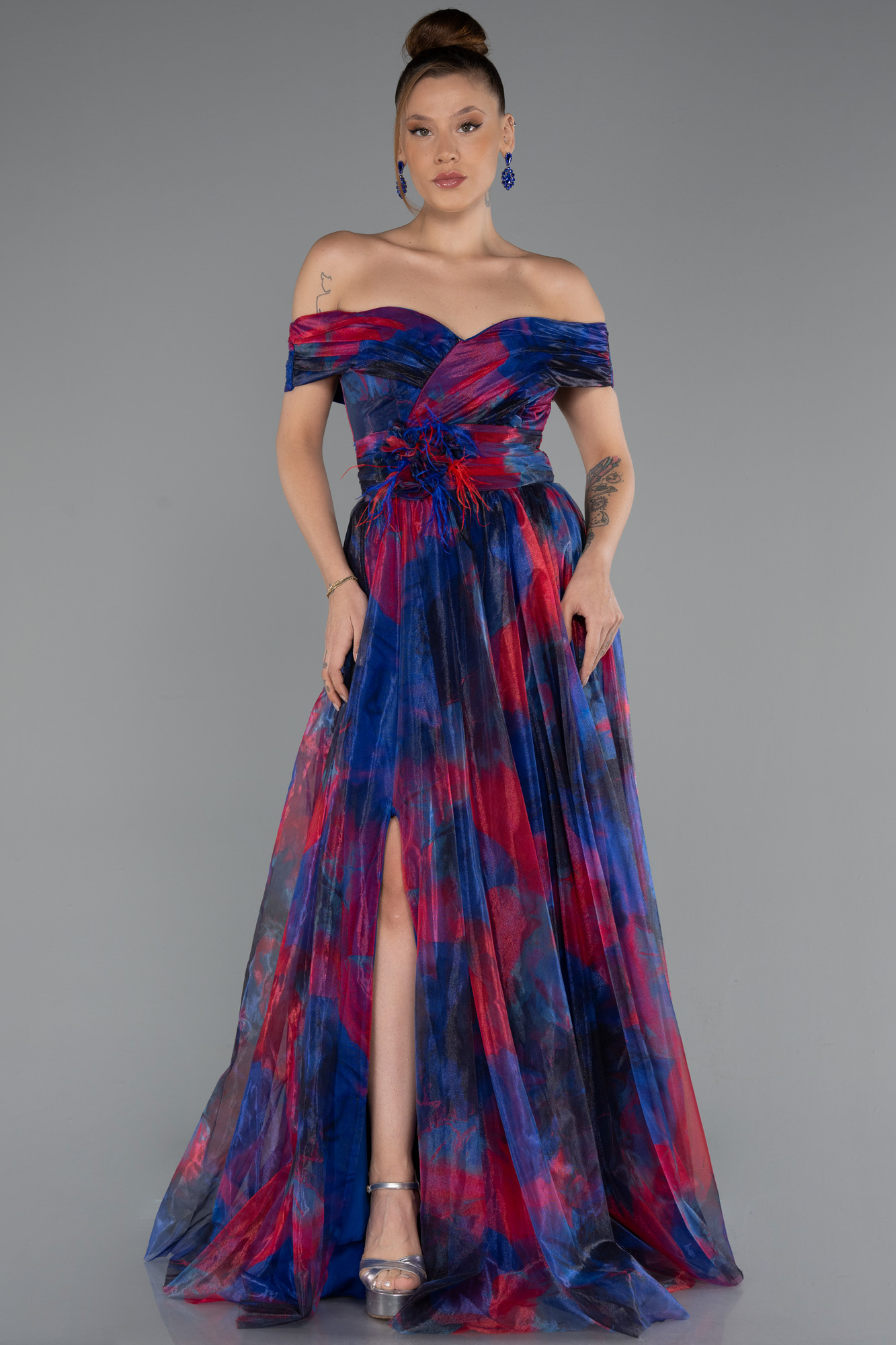 Lacivert Kayık Yaka Yırtmaçlı Uzun Empirme Abiye Elbise ABU5262