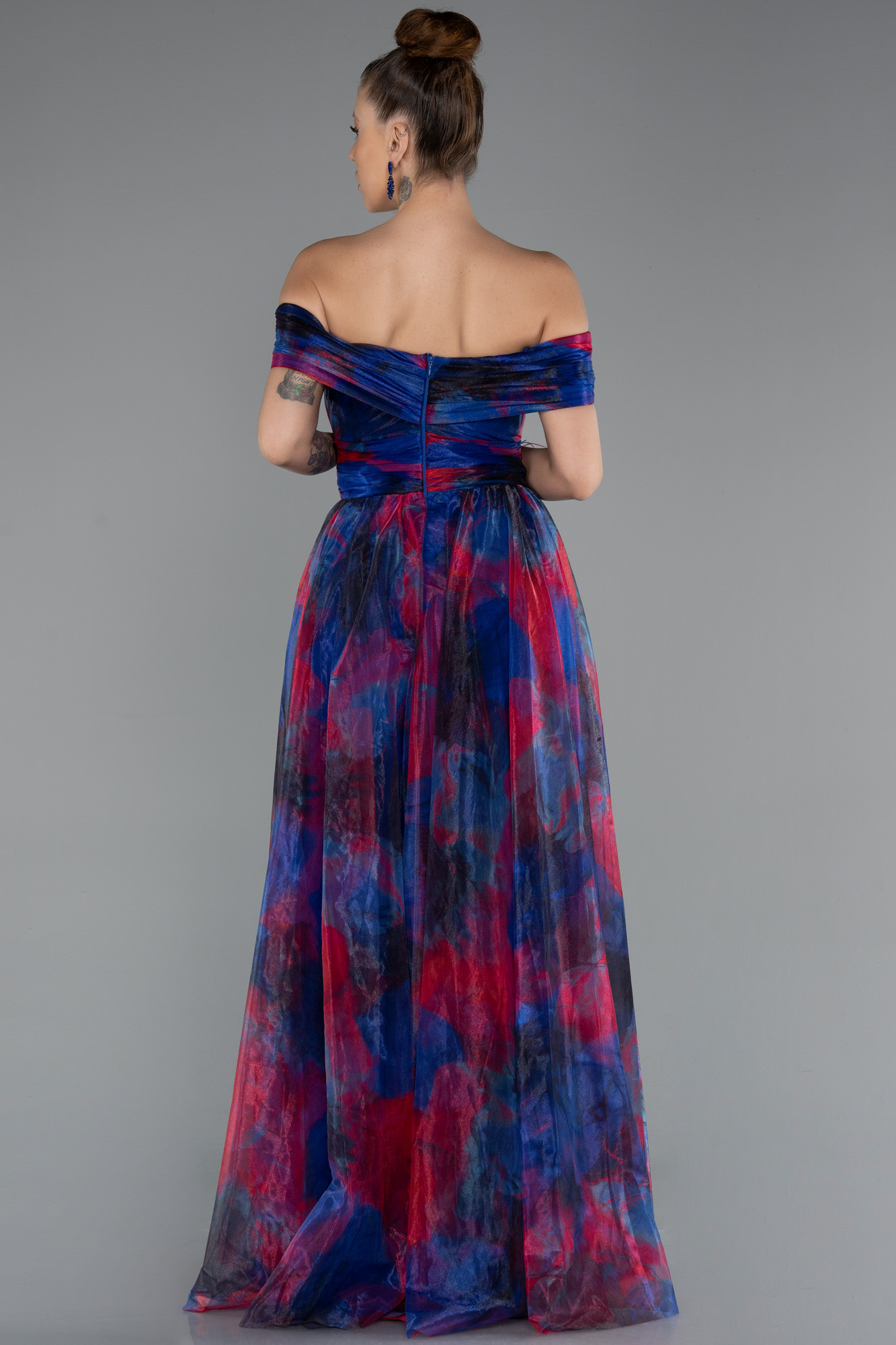 Lacivert Kayık Yaka Yırtmaçlı Uzun Empirme Abiye Elbise ABU5262 - Görsel 2