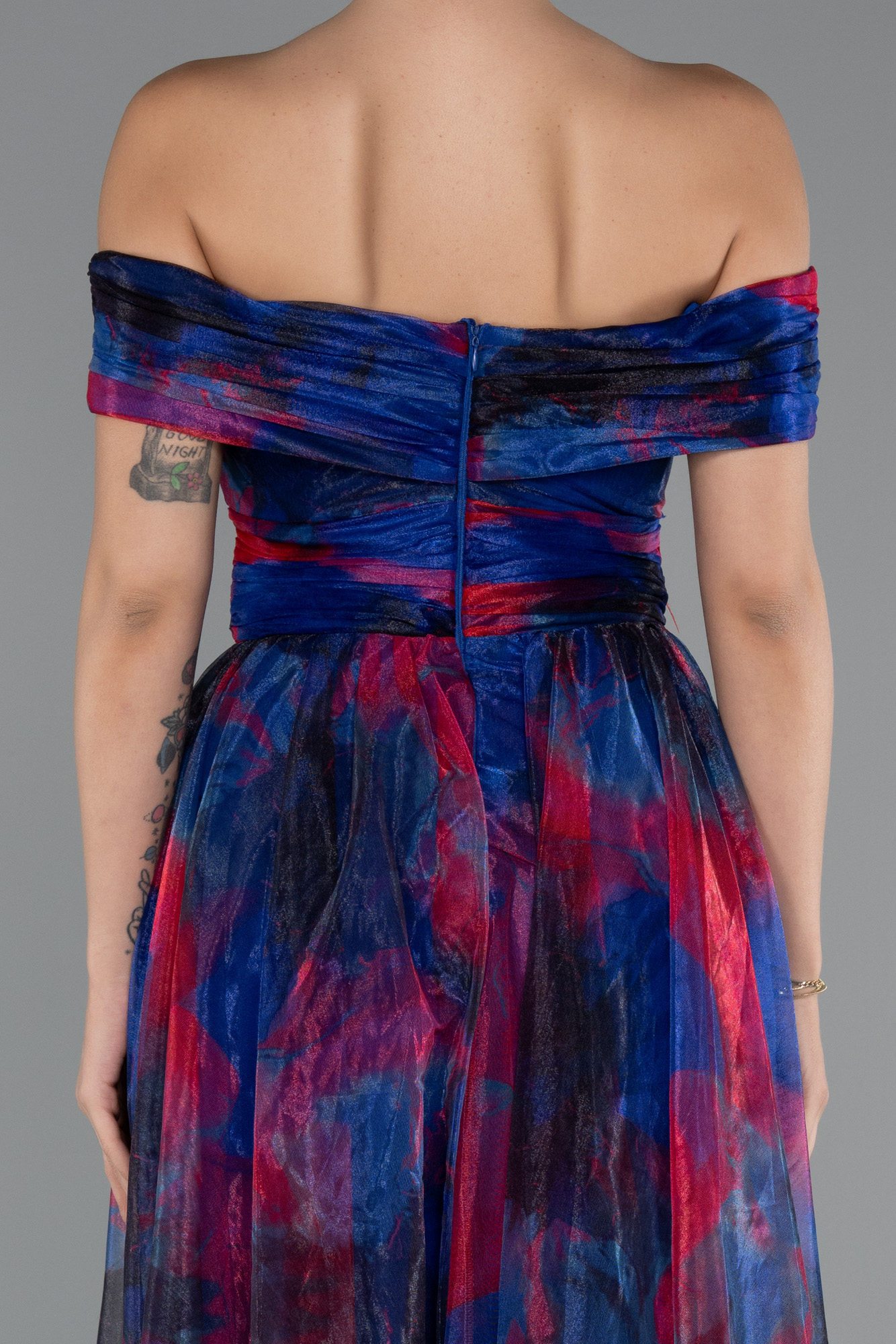 Lacivert Kayık Yaka Yırtmaçlı Uzun Empirme Abiye Elbise ABU5262 - Görsel 4