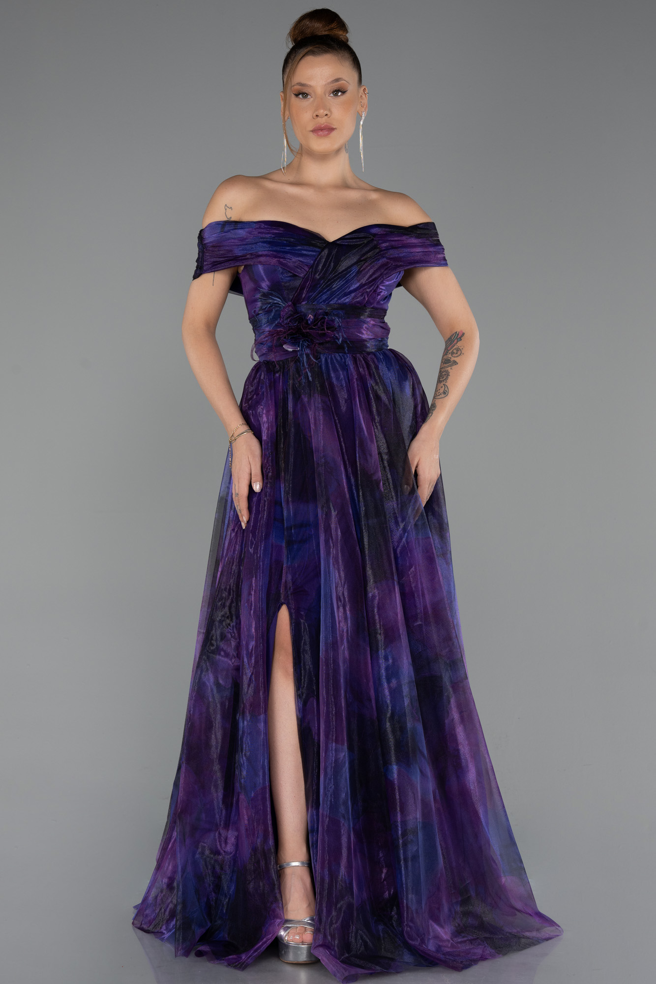 Lacivert Kayık Yaka Yırtmaçlı Uzun Empirme Abiye Elbise ABU5262 - Görsel 5