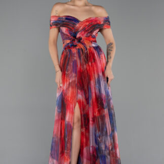 Orange Kayık Yaka Yırtmaçlı Uzun Empirme Abiye Elbise ABU5262