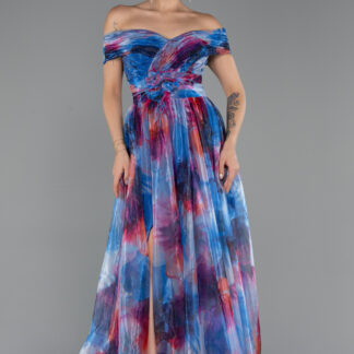 Saks Mavi Kayık Yaka Uzun Empirme Büyük Beden Abiye ABU5263