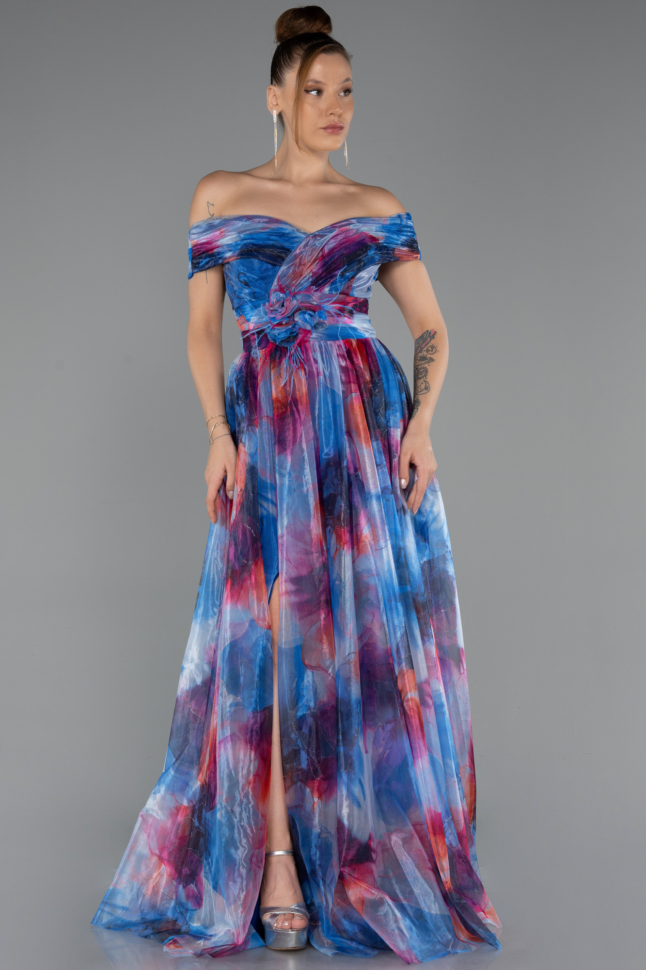 Saks Mavi Kayık Yaka Uzun Empirme Büyük Beden Abiye ABU5263