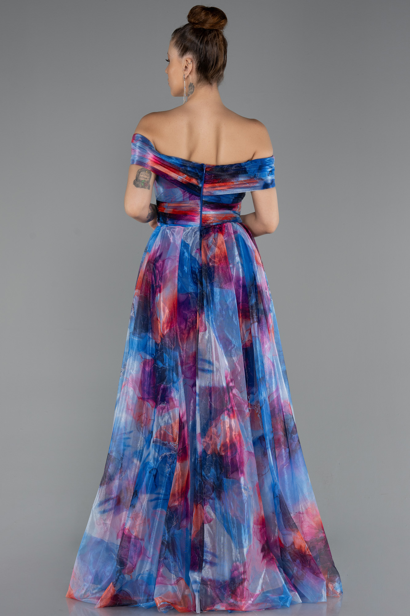 Saks Mavi Kayık Yaka Uzun Empirme Büyük Beden Abiye ABU5263 - Görsel 2