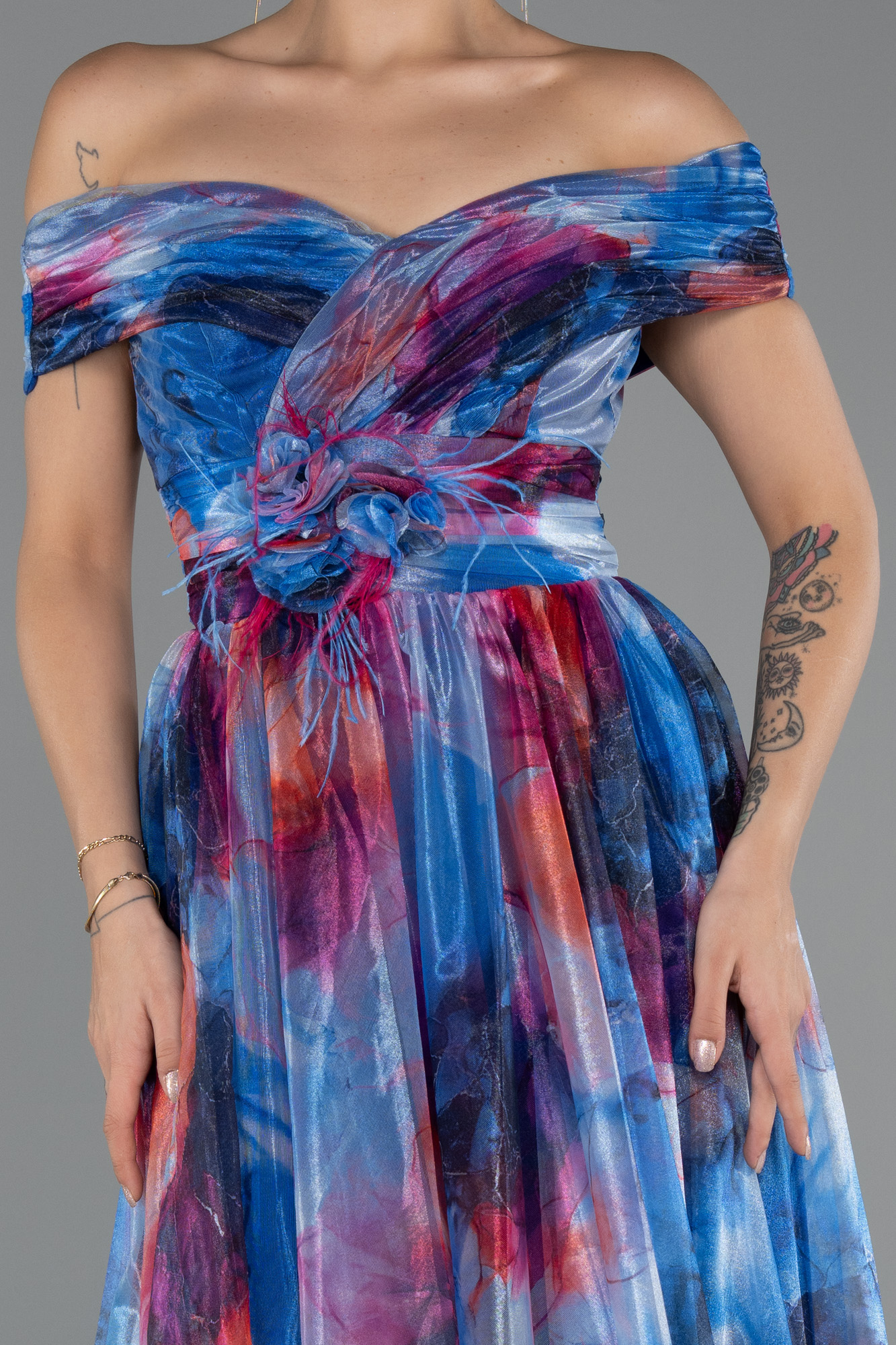 Saks Mavi Kayık Yaka Uzun Empirme Büyük Beden Abiye ABU5263 - Görsel 3