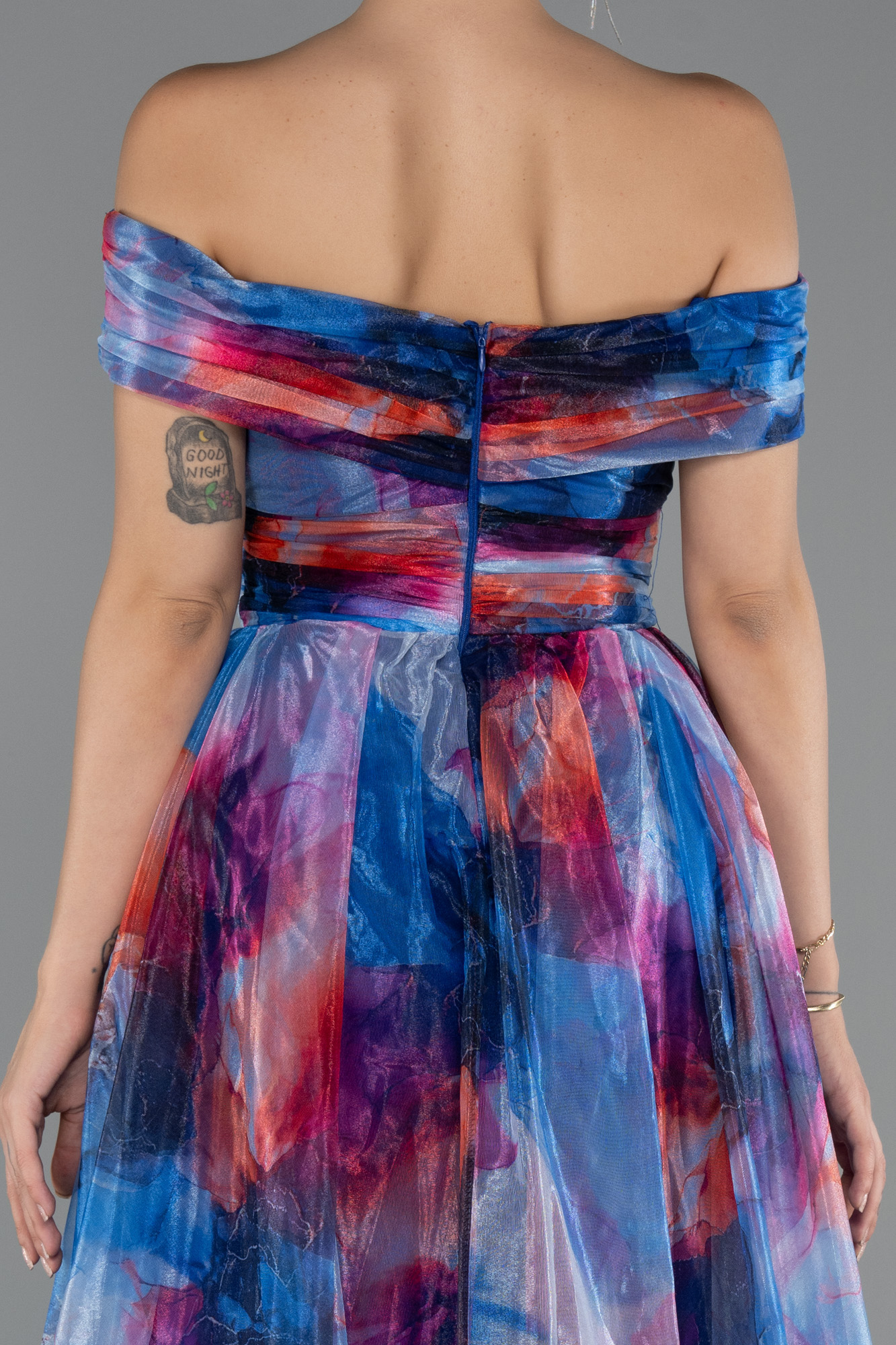 Saks Mavi Kayık Yaka Uzun Empirme Büyük Beden Abiye ABU5263 - Görsel 4