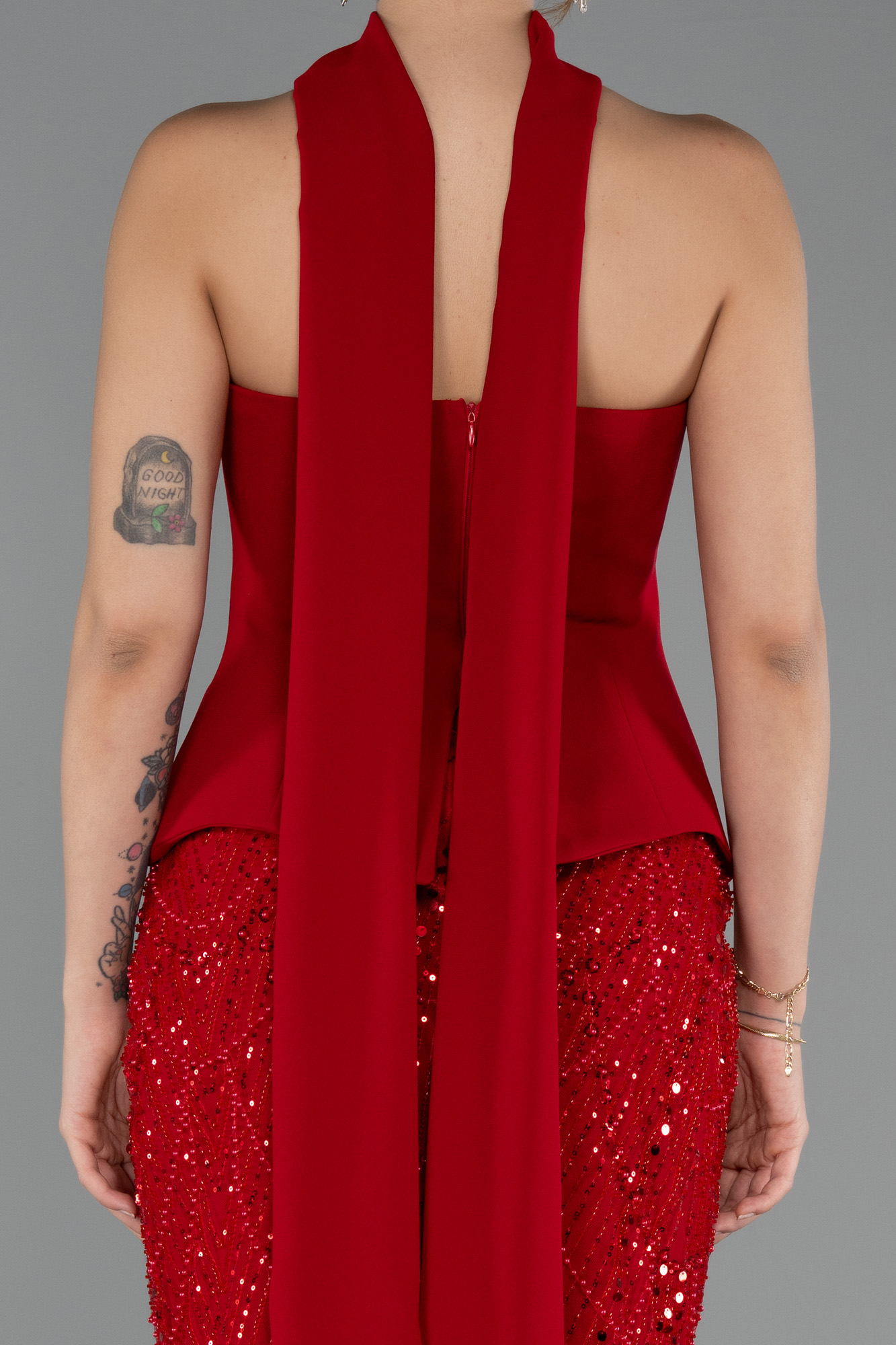 Kırmızı Straplez Peplum Detay Taşlı Uzun Balık Abiye ABU5131 - Görsel 5