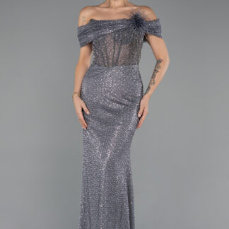 Antrasit Kayık Yaka Taşlı Uzun Özel Tasarım Abiye ABU5183