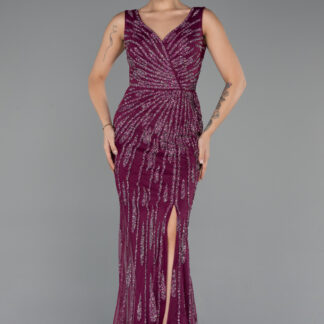 Mürdüm Kolsuz V Yaka Yırtmaçlı Uzun Taşlı Balık Abiye ABU4714