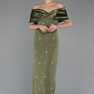 Haki Saten Kayık Yaka Taşlı Uzun Abiye Elbise ABU4973