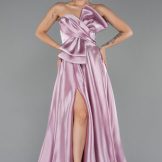 Açık Lavanta Straplez Yırtmaçlı Uzun Saten Abiye Elbise ABU4975