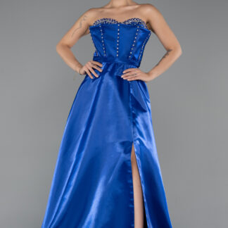 Saks Mavi Taşlı Straplez Yaka Yırtmaçlı Uzun Saten Abiye ABU5264