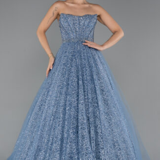 İndigo Taşlı Straplez Balenli Uzun Simli Nişan Elbisesi ABU5265