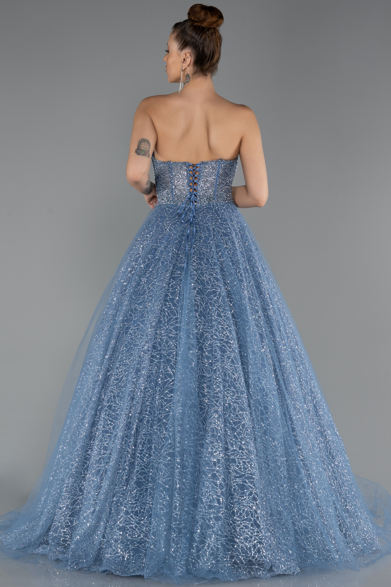 İndigo Taşlı Straplez Balenli Uzun Simli Nişan Elbisesi ABU5265 - Görsel 2