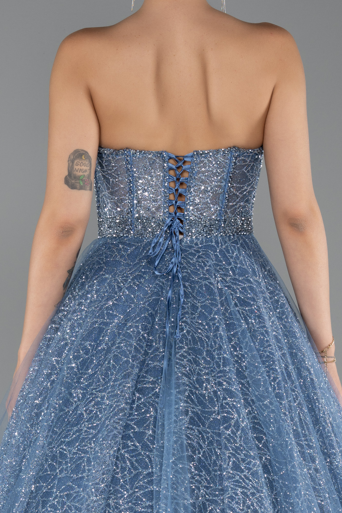 İndigo Taşlı Straplez Balenli Uzun Simli Nişan Elbisesi ABU5265 - Görsel 4