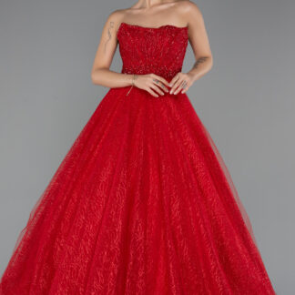 Kırmızı Taşlı Straplez Balenli Uzun Simli Nişan Elbisesi ABU5265
