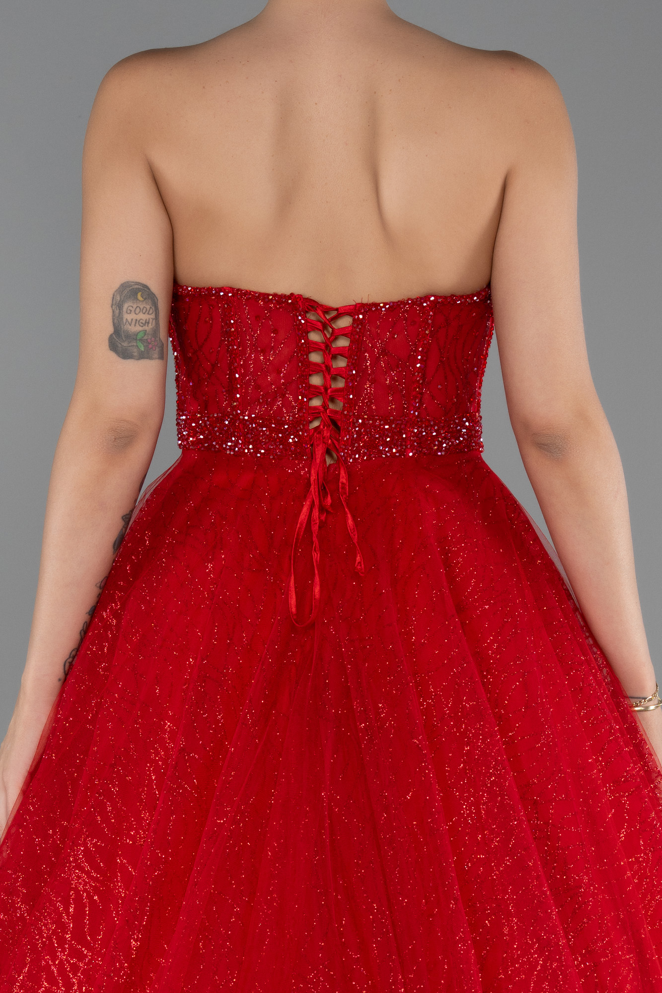 Kırmızı Taşlı Straplez Balenli Uzun Simli Nişan Elbisesi ABU5265 - Görsel 4