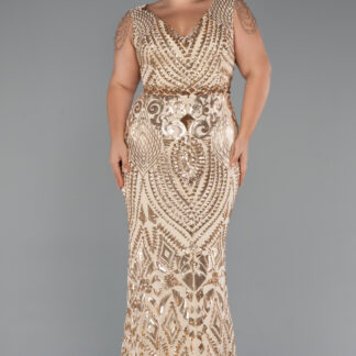 Gold V Yaka Uzun Pullu Büyük Beden Abiye Elbise ABU3845