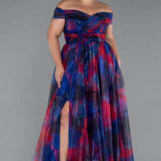 Lacivert Kayık Yaka Uzun Empirme Büyük Beden Abiye ABU5263