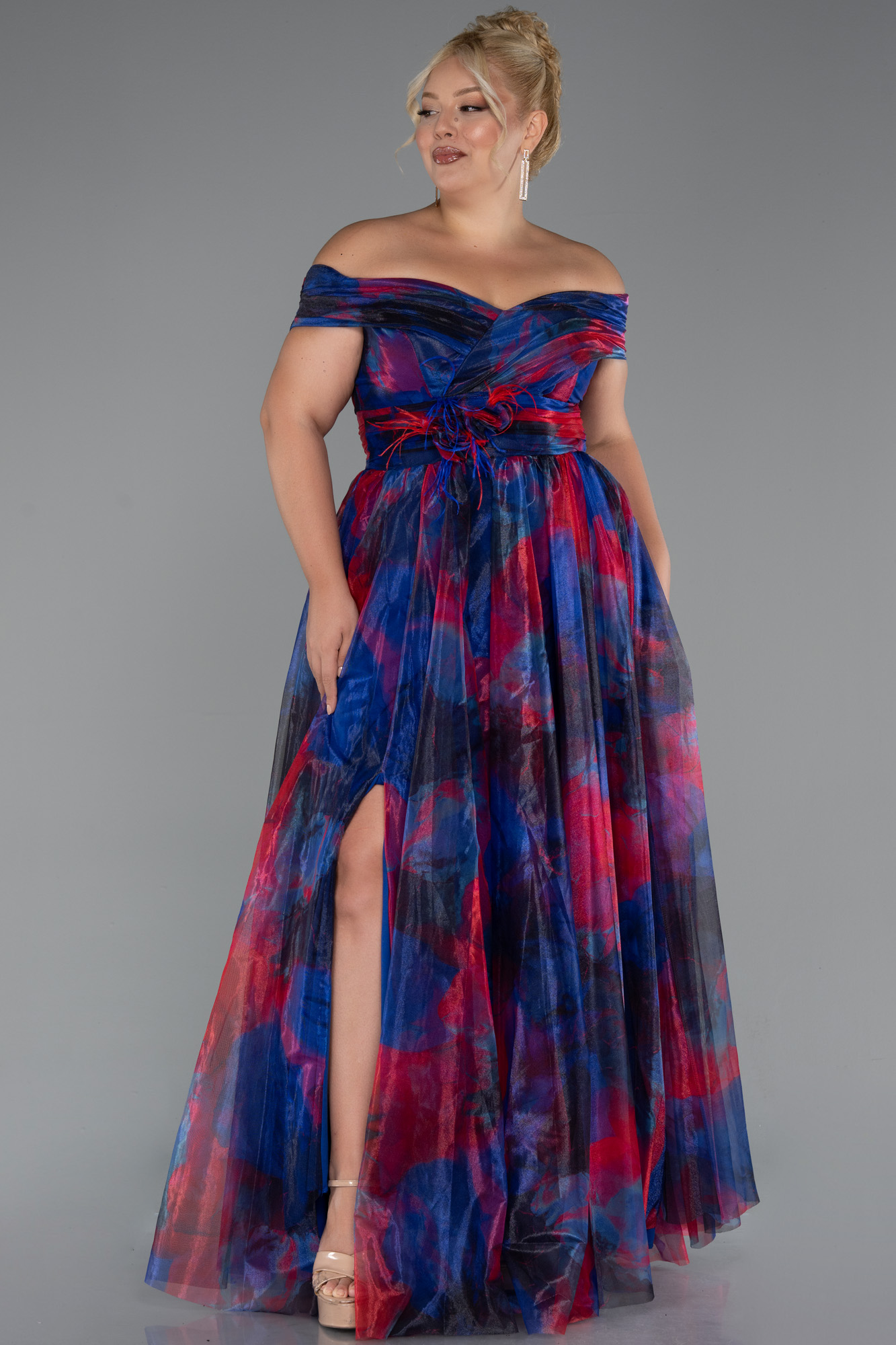 Lacivert Kayık Yaka Uzun Empirme Büyük Beden Abiye ABU5263