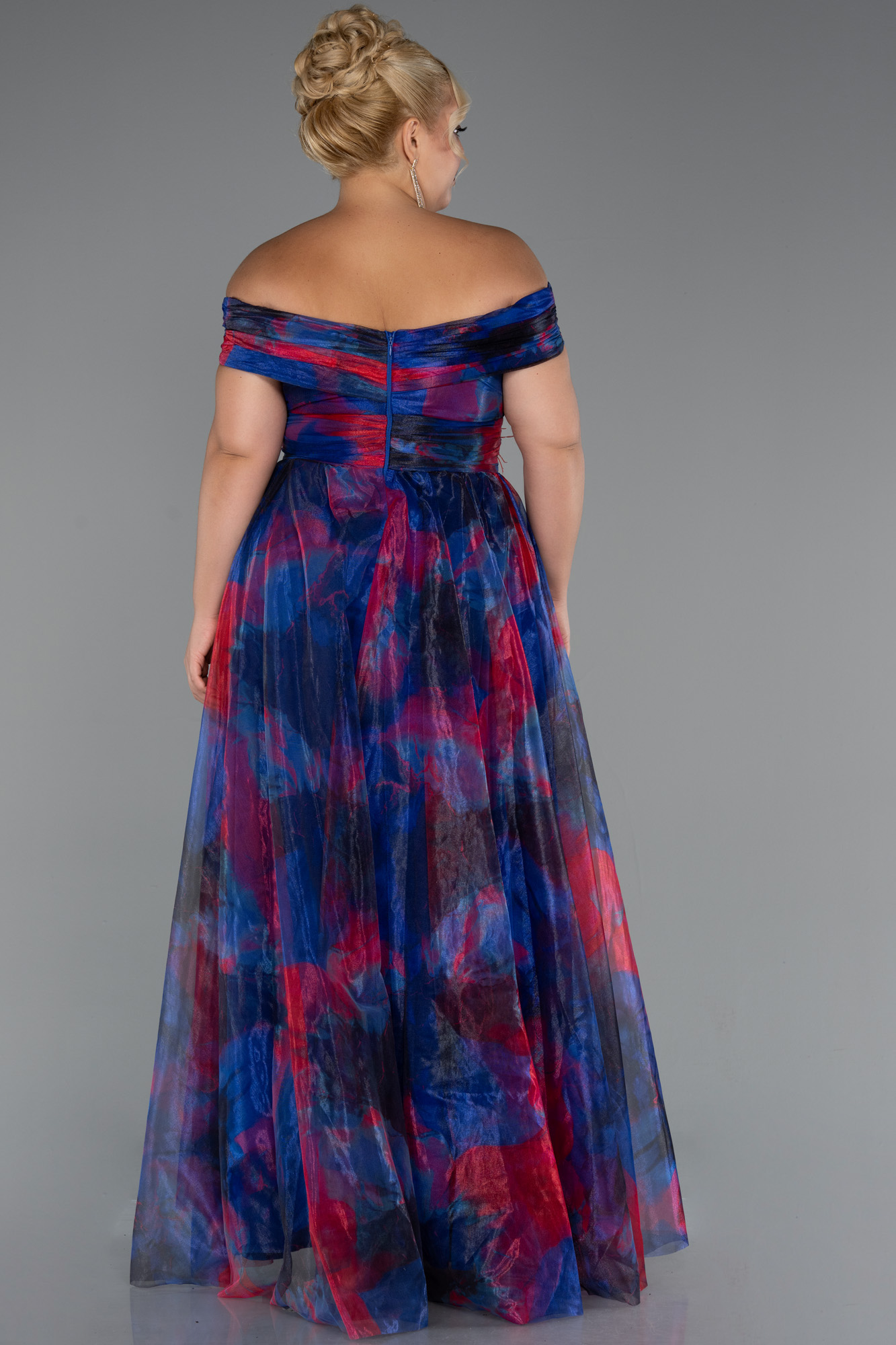 Lacivert Kayık Yaka Uzun Empirme Büyük Beden Abiye ABU5263 - Görsel 2