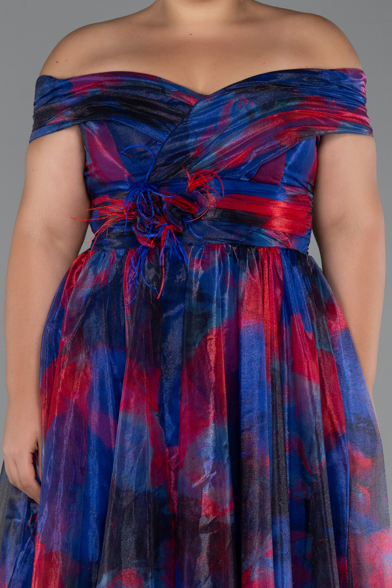 Lacivert Kayık Yaka Uzun Empirme Büyük Beden Abiye ABU5263 - Görsel 3