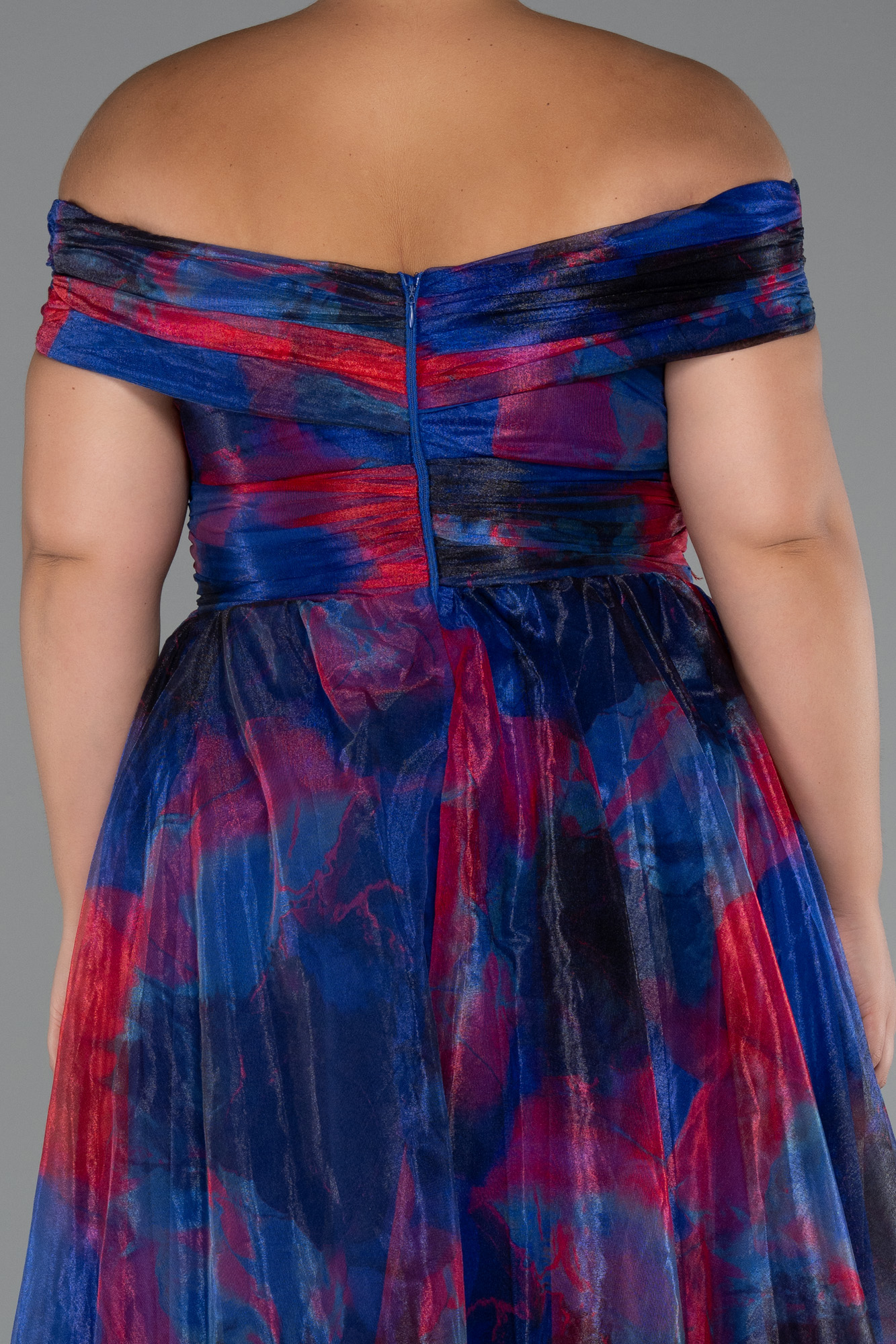 Lacivert Kayık Yaka Uzun Empirme Büyük Beden Abiye ABU5263 - Görsel 4